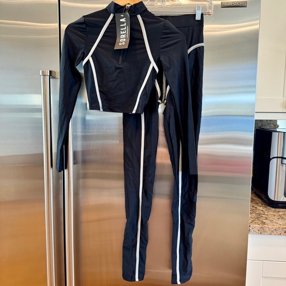 NWT SET Sorella Black Thick Piping Top and Leggings Bodycon Grey Contrast